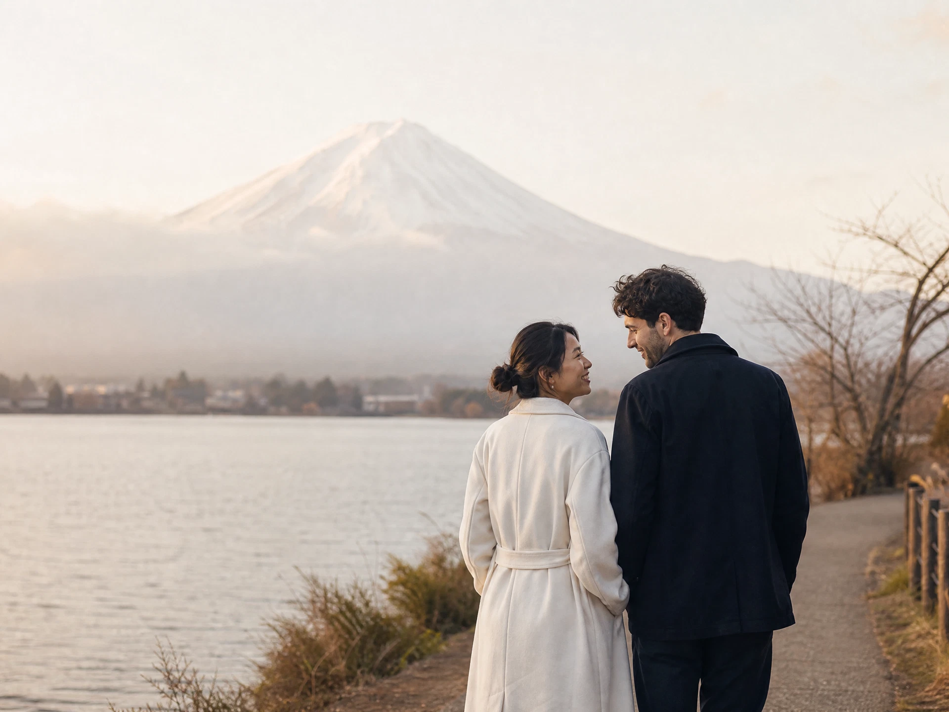 A couple taking in a quiet lakeside view of Mt. Fuji
