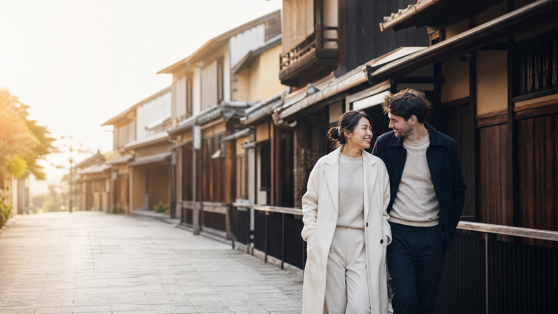 A couple walking through a quiet Kyoto lane