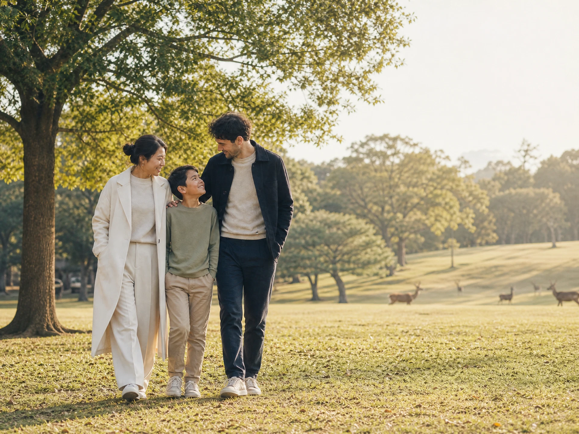 A family walking naturally through a green park in Nara